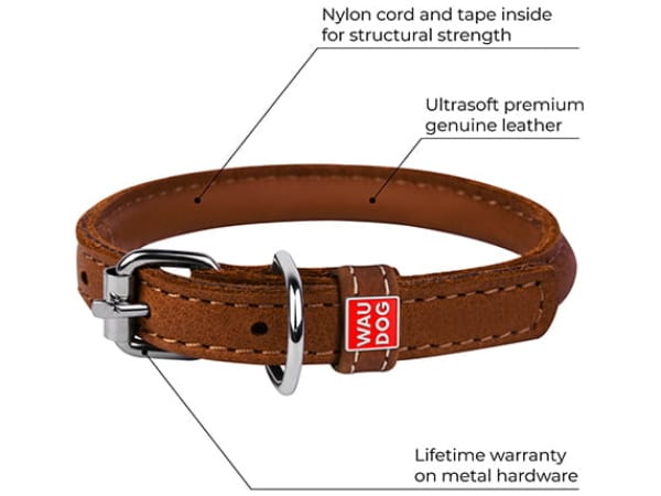 Waudog Soft rundsyet læder halsbånd, brun